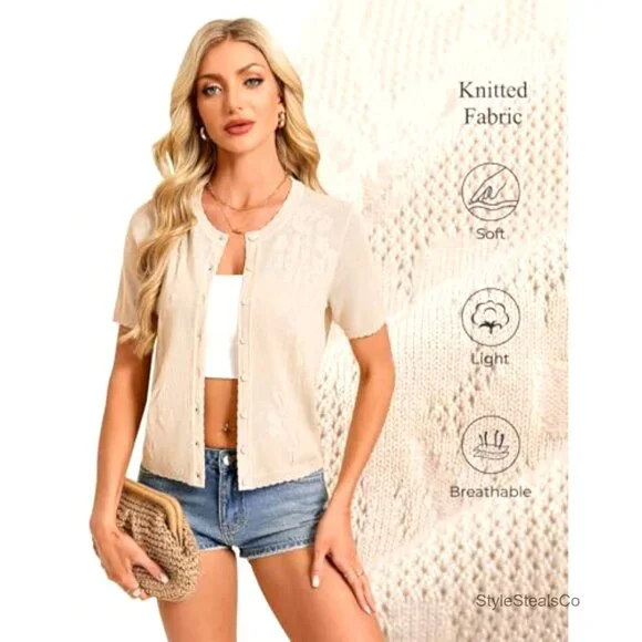 Short Sleeve Crochet Cardigan, Lightweight Summer Bolero, Button Up Shrug - Picture 5 of 7